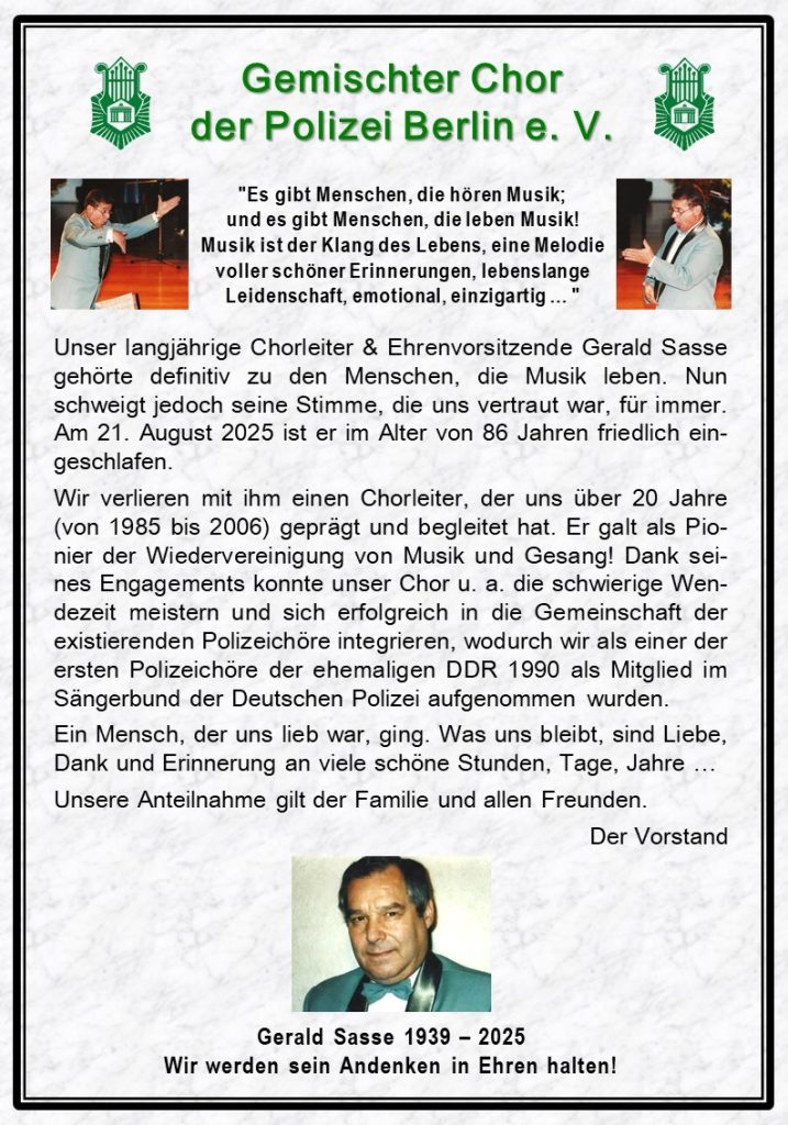 Nachruf für Gerald Sasse 1939 – 2025